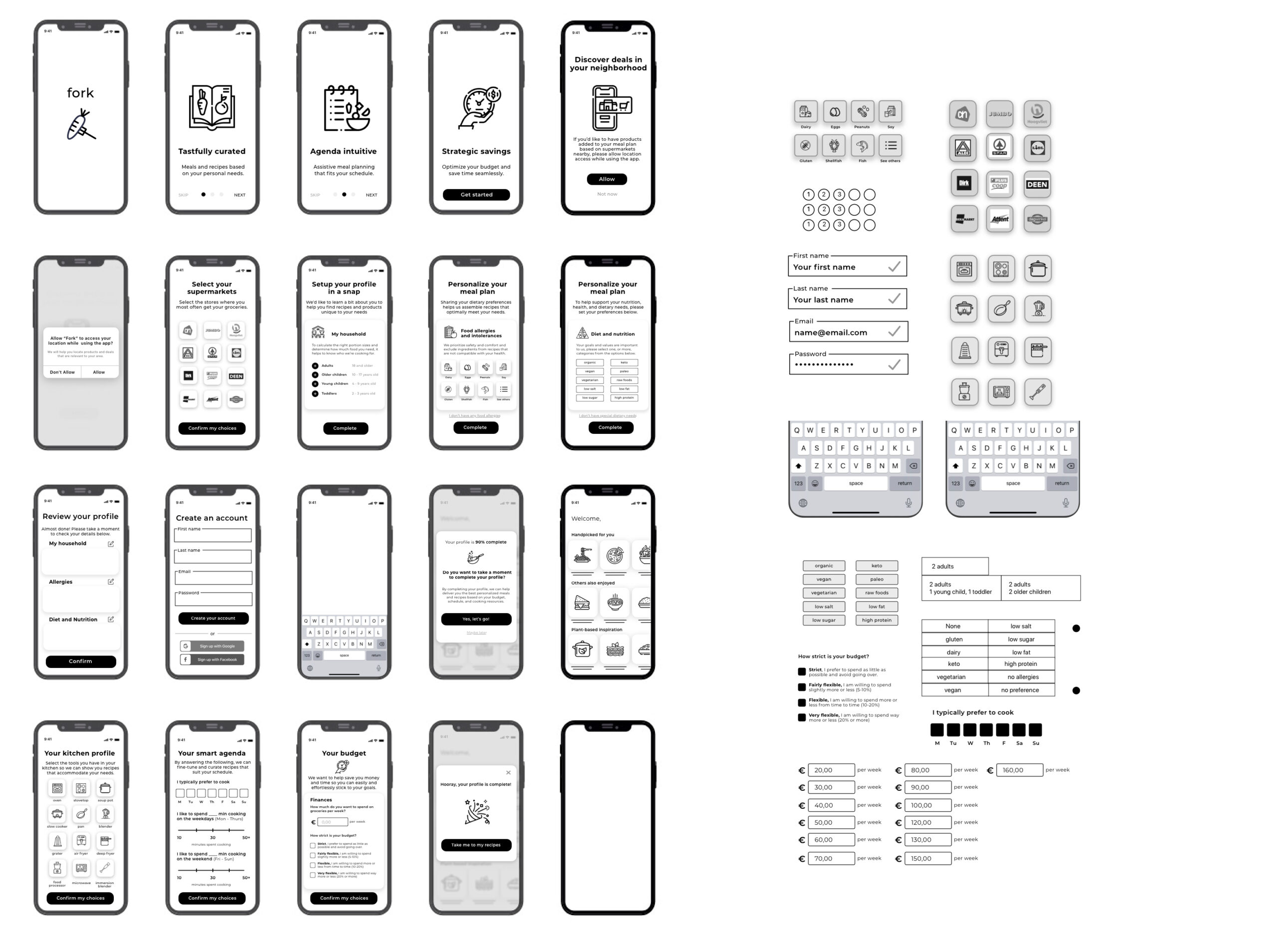 Paper prototype screens and interactive elements